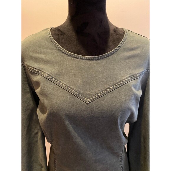 Universal Thread Blouse Top Size XL Hunter Green Denim Fitted Puffy Sleeves - Picture 2 of 11